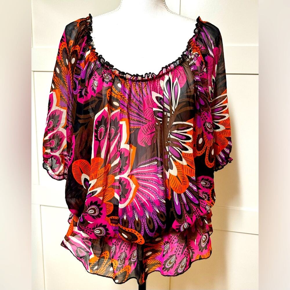 Pure Energy sz L Womens Flowy Pheasant Shirt Top Blouse Sheer Grannycore Floral